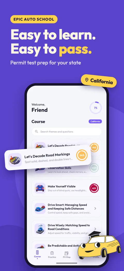 Easy to learn, easy to pass: the course screen with lessons for California