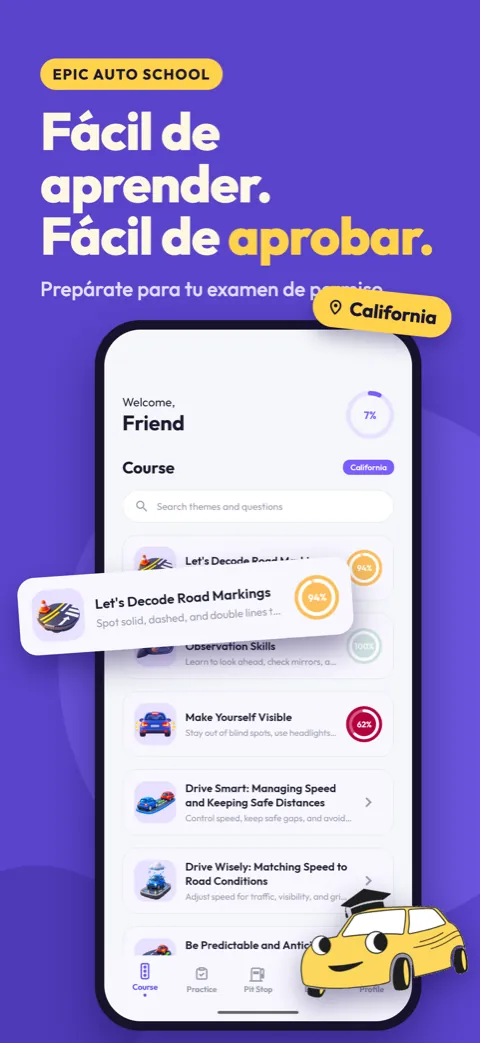 Fácil de aprender, fácil de aprobar: la pantalla del curso con lecciones para California