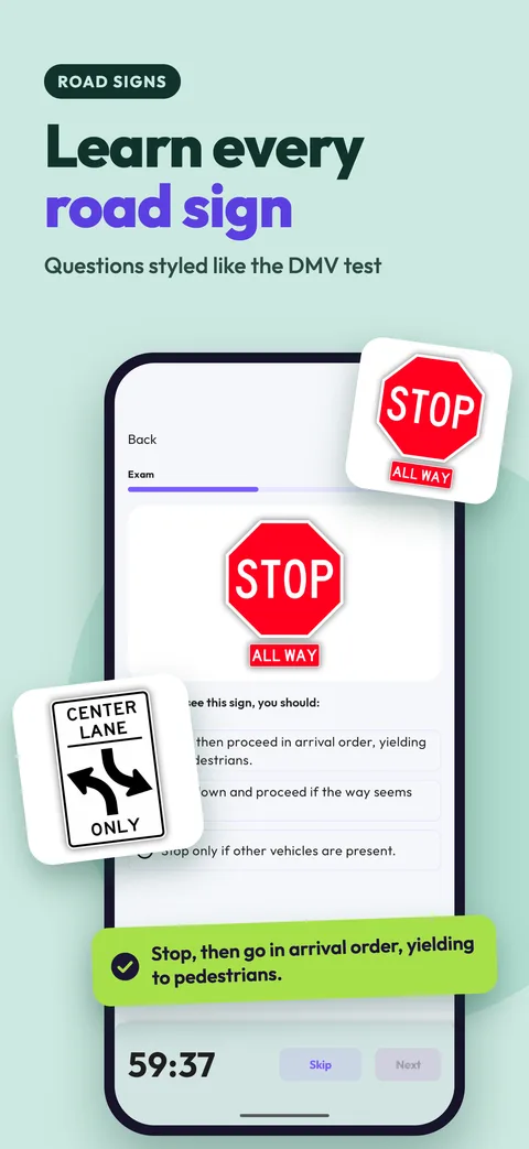 Learn every road sign: a stop sign question styled like the DMV test