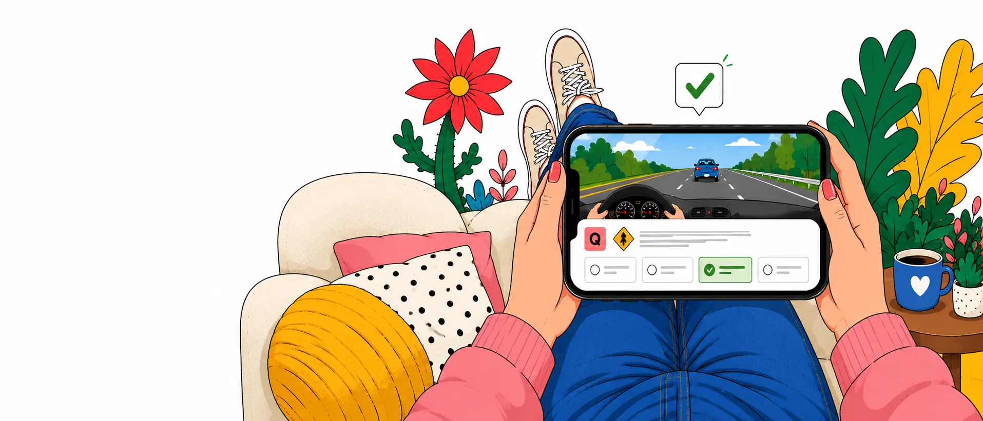 A learner relaxing on a couch, answering a driving question in the Epic Auto School app