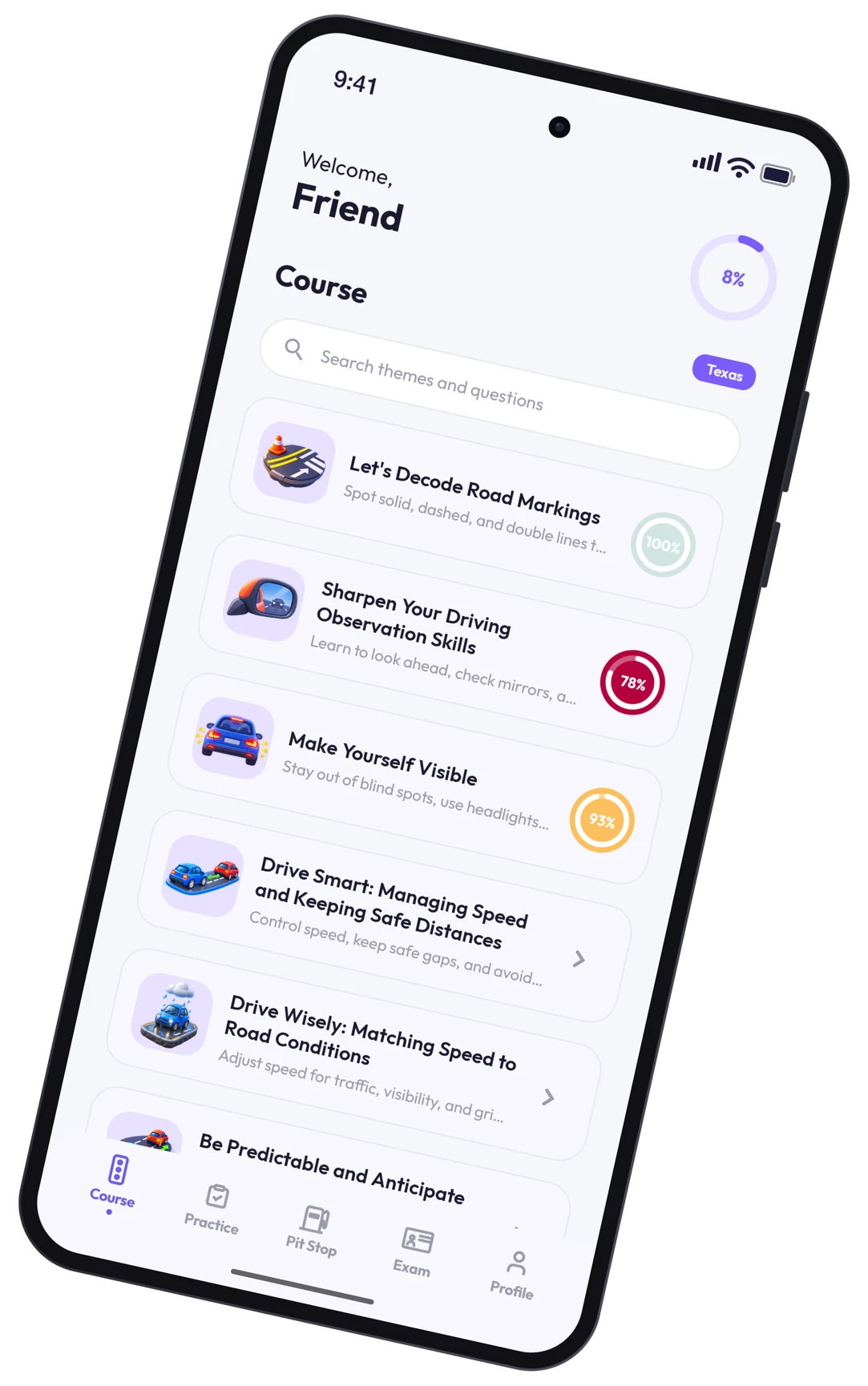 Course screen in the Epic Auto School app