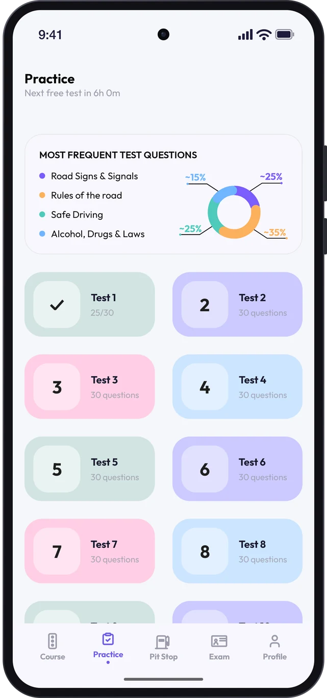 Practice tests screen in the Epic Auto School app